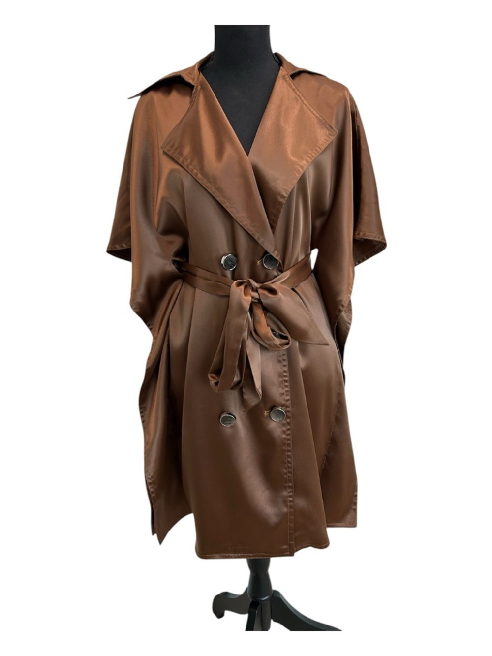 Satin Belted Brown Short Trench Cape Sz S double breasted